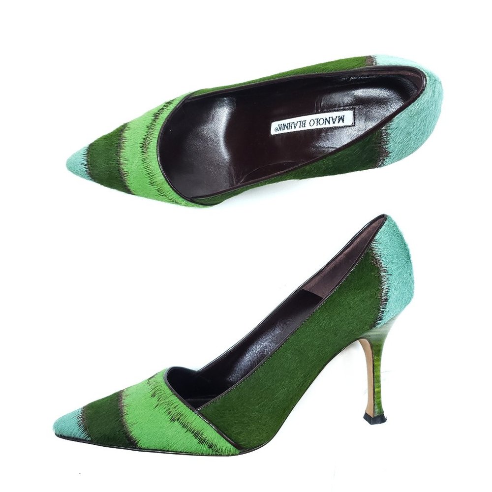 Manolo Blahnik Green Striped Animal Fur Pumps Heel